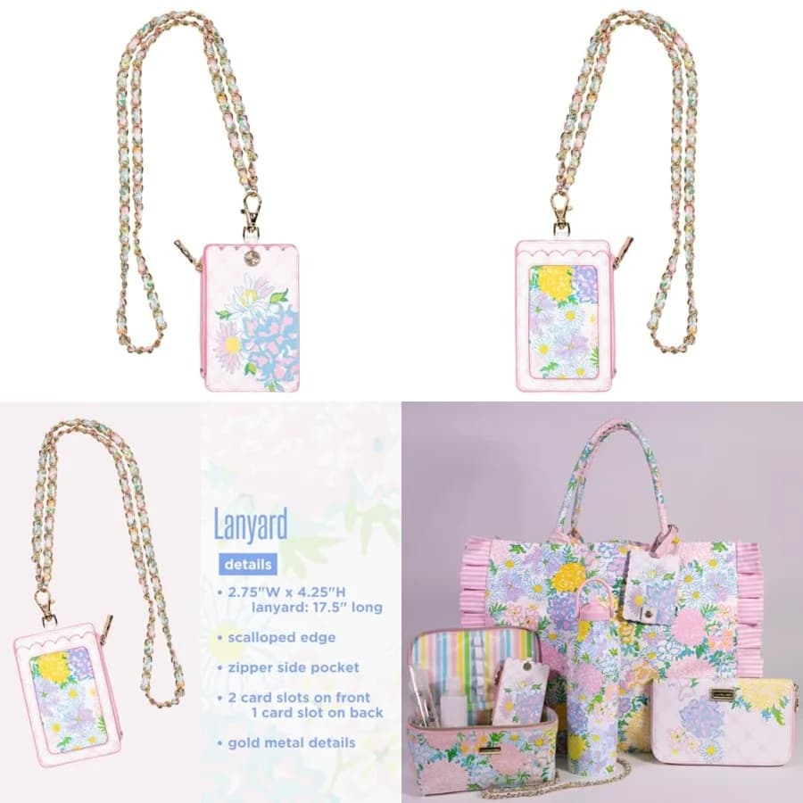 ID Case with Lanyard, Keychain Wallet with Zip Close, Cute Durable Card/Badge Holder with Long Lanyard for Women Lilly Garden H