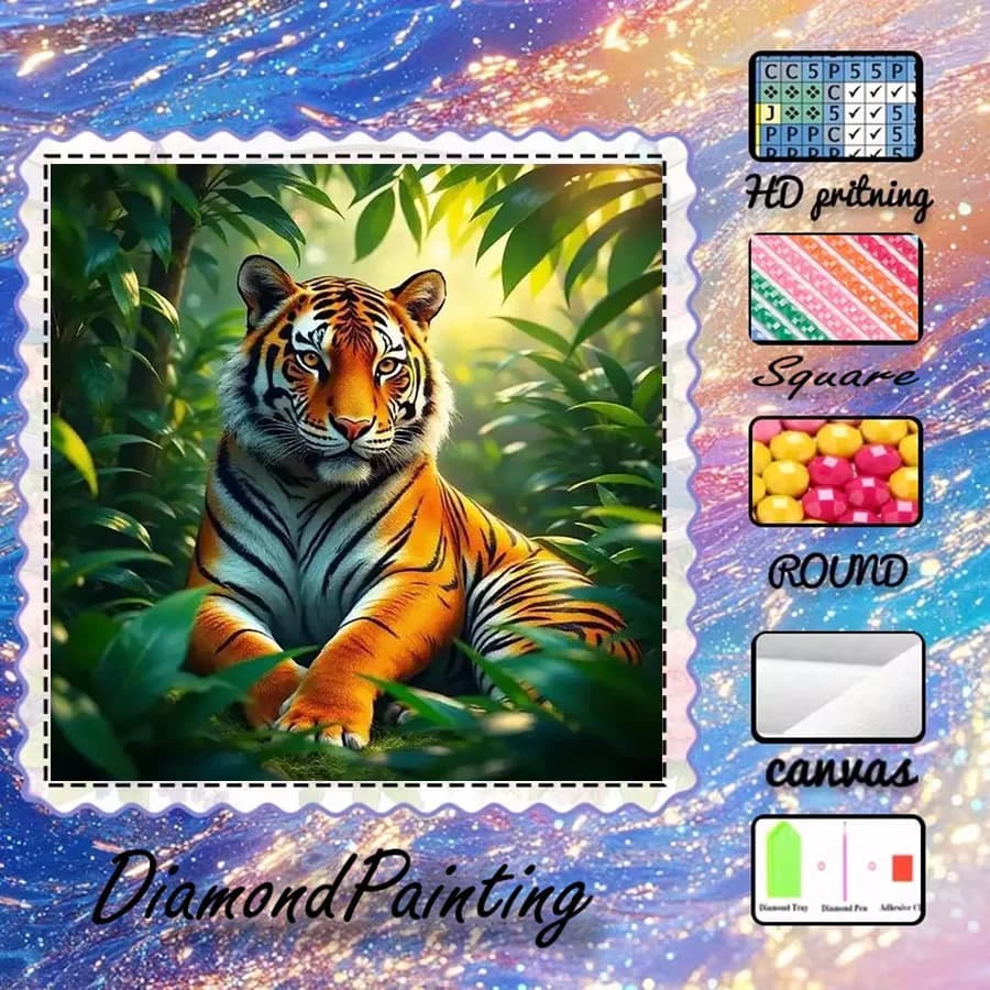 1 pezzo - 5D-DIY - Tessuto floccato - Trapano speciale - Set per pittura con diamanti - Tigre, giungla - Mosaico - Arte con diamanti