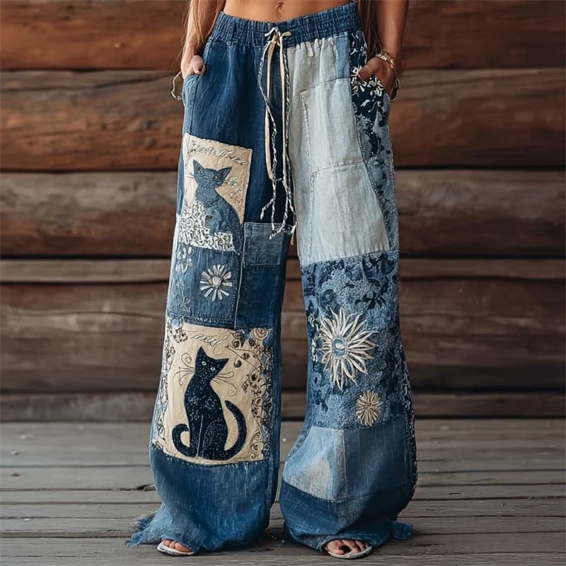 Pantaloni a gamba larga da donna con stampa gatto 3D Autunno/Estate Pantaloni casual comodi e traspiranti a gamba dritta Pantaloni lunghi alla moda stile street