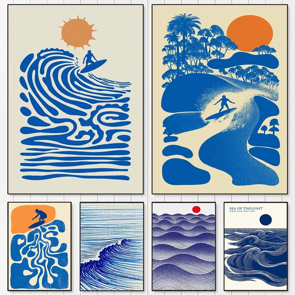 Retro Abstract Surfing Summer Series Canvas Poster - Frameless Minimalist Blue Tones Canvas Wall Art for Living Room Decortions
