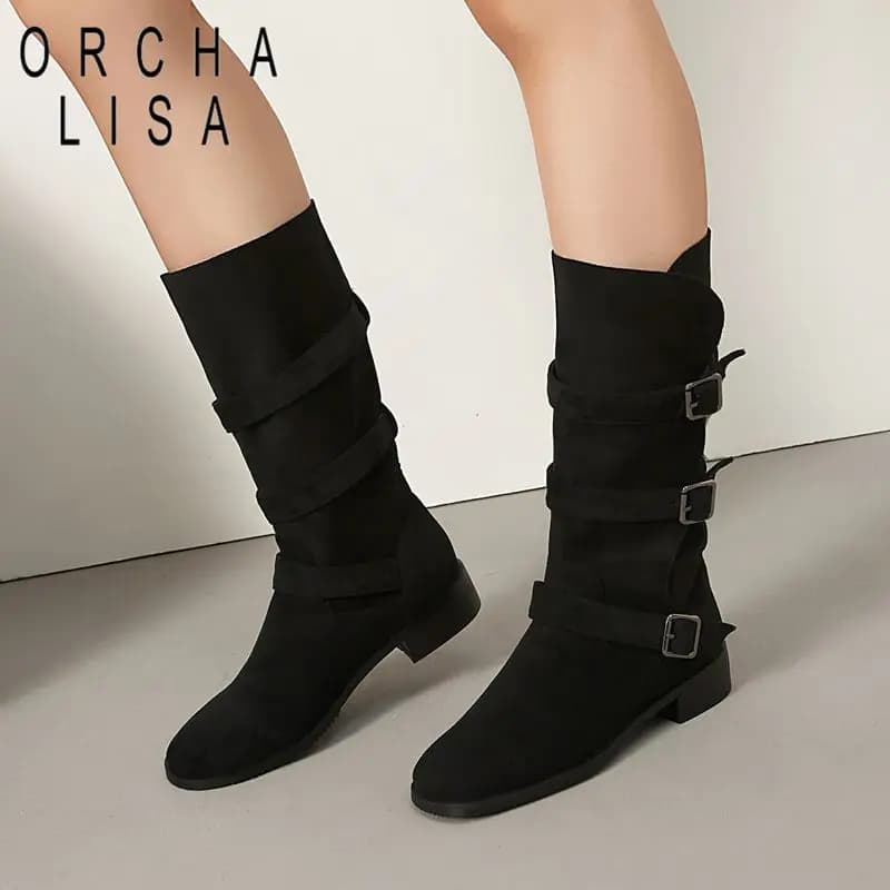 ORCHA LISA Hot Apricot Women Mid Calf Boots Round Toe 3cm Thick Sole Belt Buckles Flock Suede Large Size 44 45 46 Leisure Fall