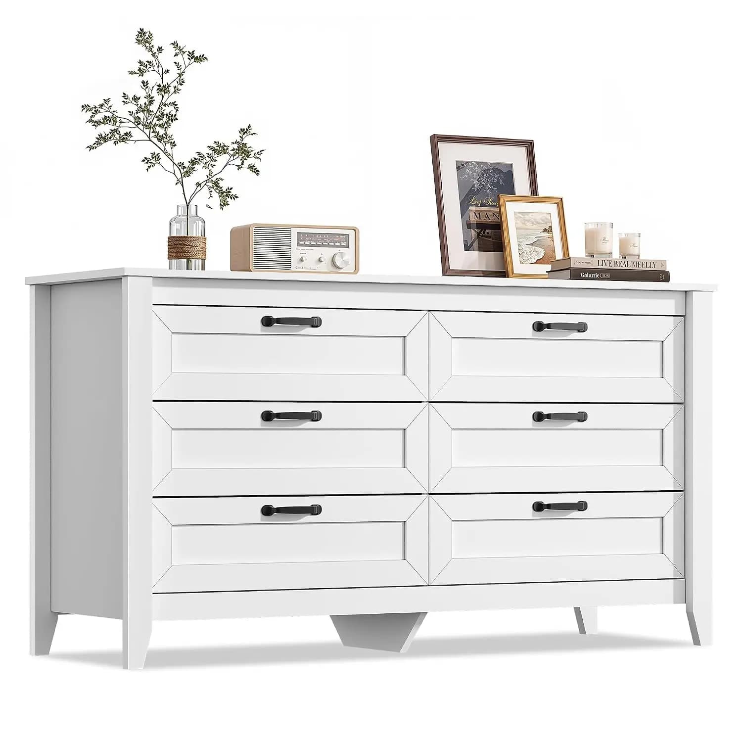 Wooden 6 Drawer Dresser with Anti-Tip Structure & Metal Handles for Bedroom Living Room Hallway Closet, 54", White, Customized