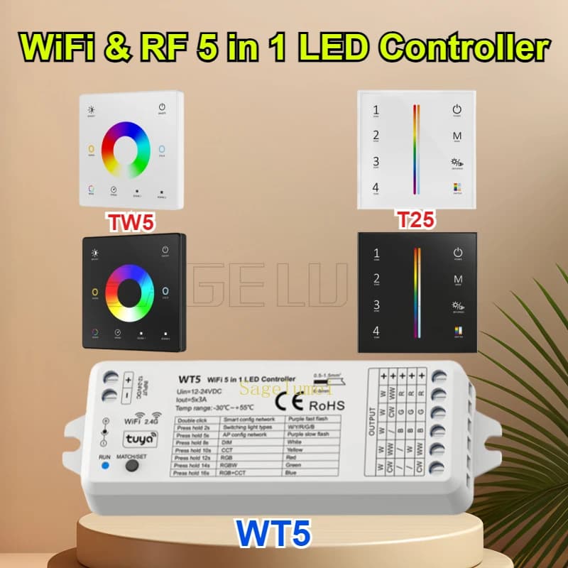 Wifi 5 in1 Controller LED WT5 Tuya TW5 T25 Controller RGBCCT DC12-24V Dimmer CCT RGB RGBW Luce di striscia Pannello tattile in vetro 2.4G RF