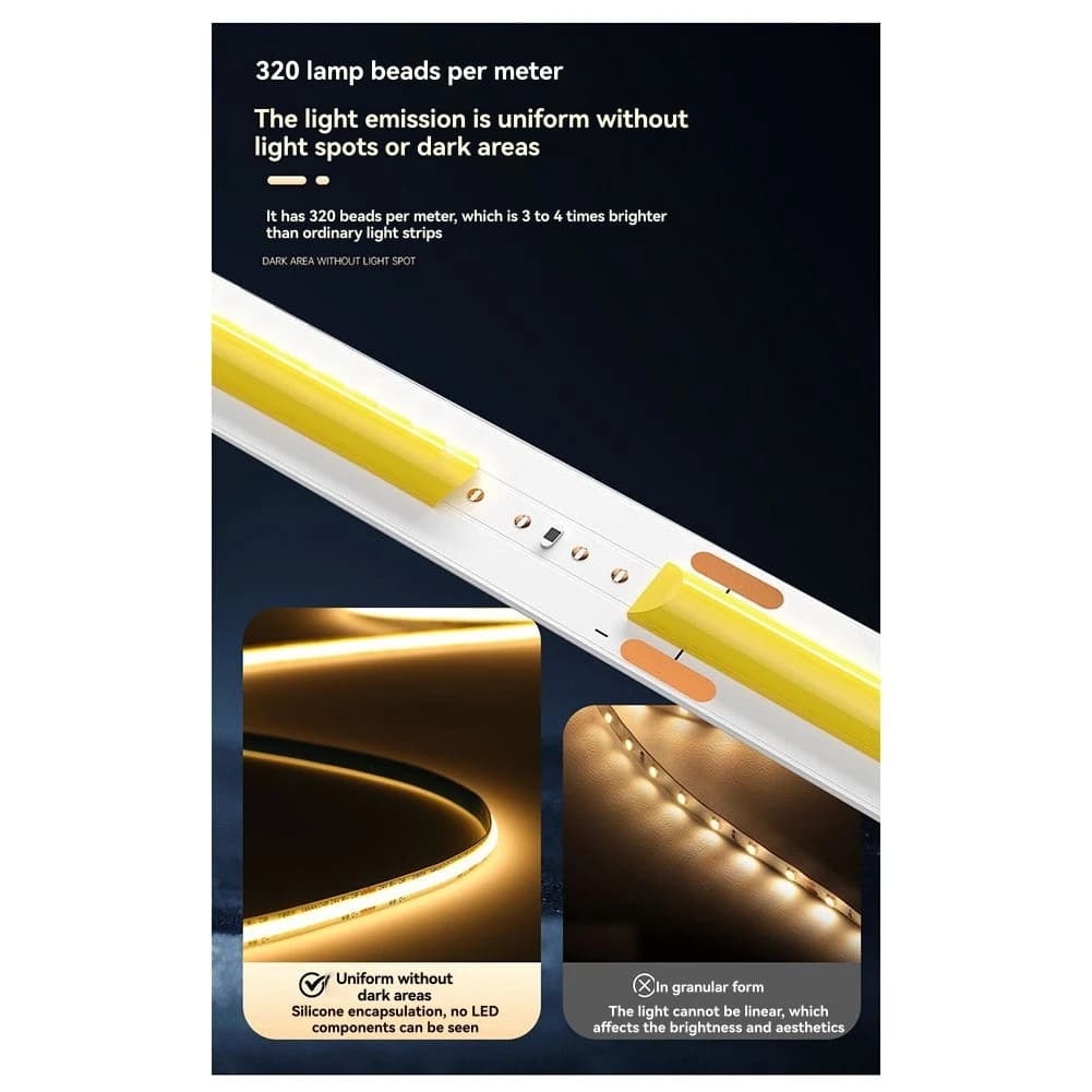NEW_5m Striscia COB a bassa tensione 24 V 320 LED/M Larghezza 8 mm Luce bianca calda