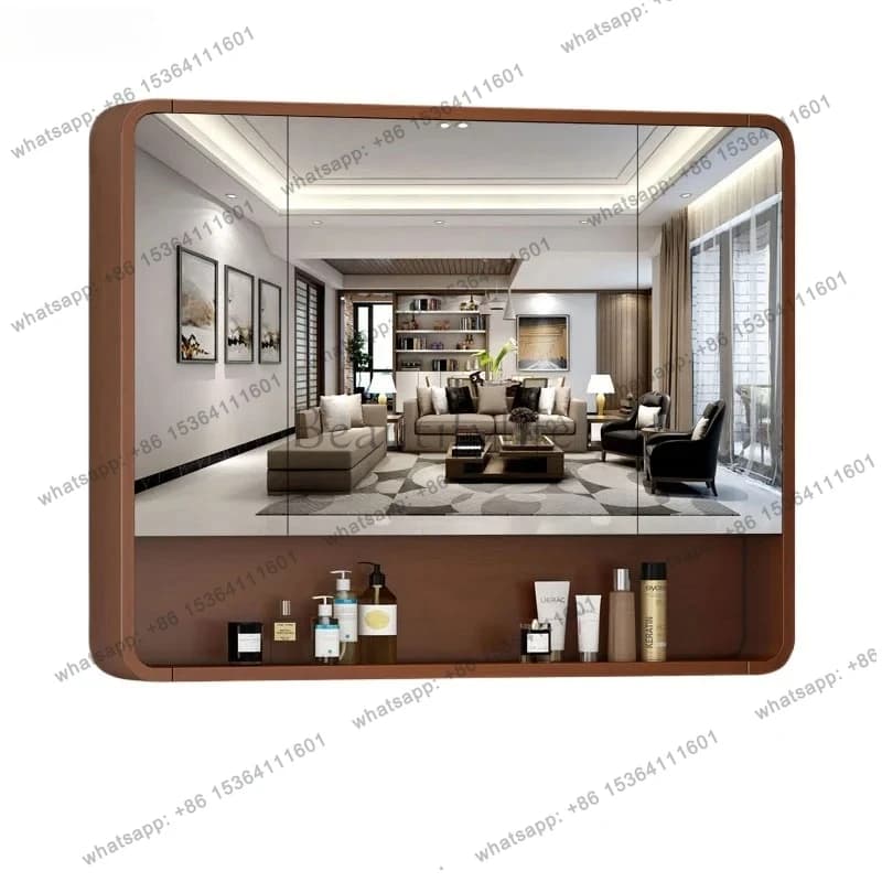Specchio da Bagno con Armadietto in Legno Massello, Montaggio a Parete, Specchio Intelligente con Ripiano, Specchio per Cosmetici da Bagno