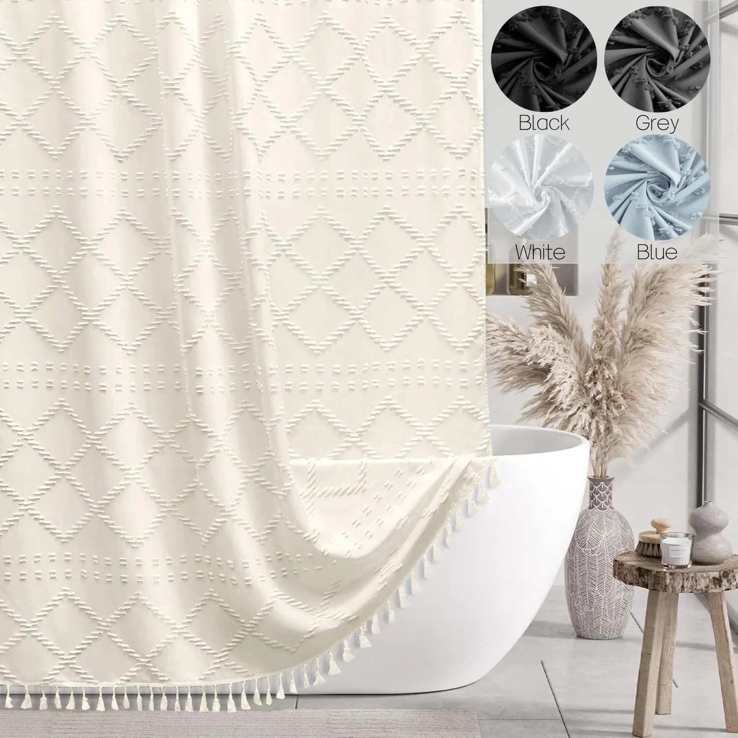 Tenda da doccia morbida con motivo diamante - Tessuto impermeabile con nappe Boho, 12 ganci in plastica inclusi per bagno moderno