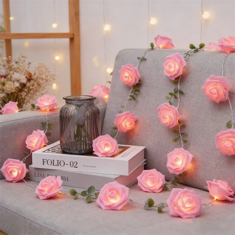Set di 3 Metri di Luci a Forma di Rosa con 20 LED, Funzionamento a Batteria, Luci Romantiche Rosse, Rosa e Bianche, Fiori Artificiali con Lampada LED