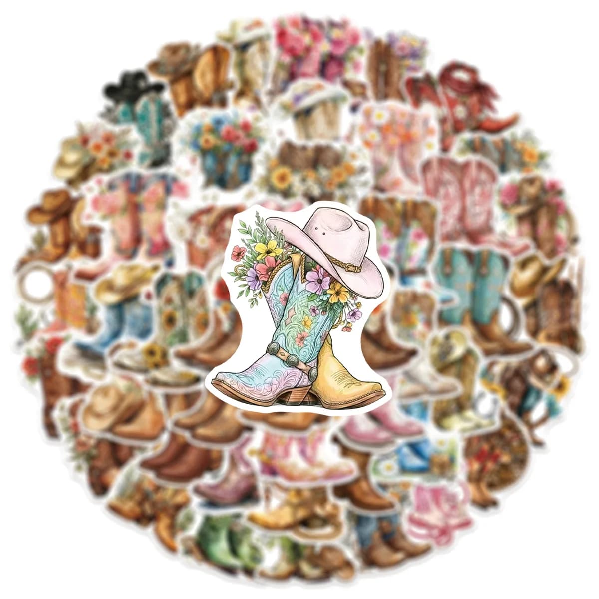 50PCS Western Cowboy Boots Stickers Retro Floral Cowgirl Vinyl Decals or Laptop Luggage Scrapbook Water Bottle