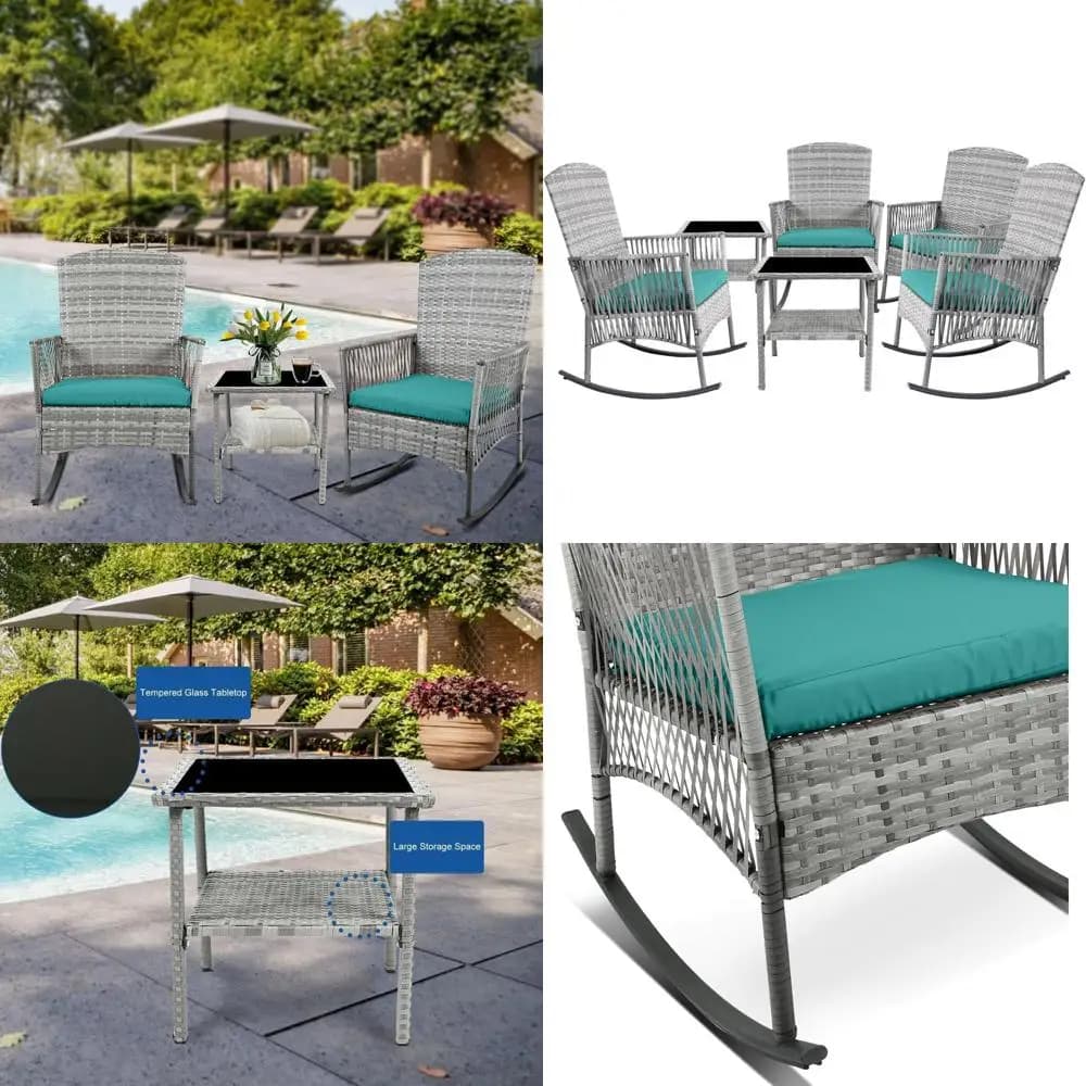 Set Bistrot da Esterno in Rattan a 6 Pezzi con Sedia a Dondolo, Tavolino Laterale e Cuscini per Giardino e Balcone
