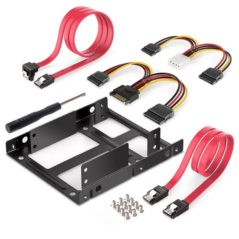 Kit di montaggio in metallo SSD HDD esterno da 2.5 a 3.5 pollici a 2 alloggiamenti staffa adattatore per disco rigido con cavi e viti di alimentazione dati SATA