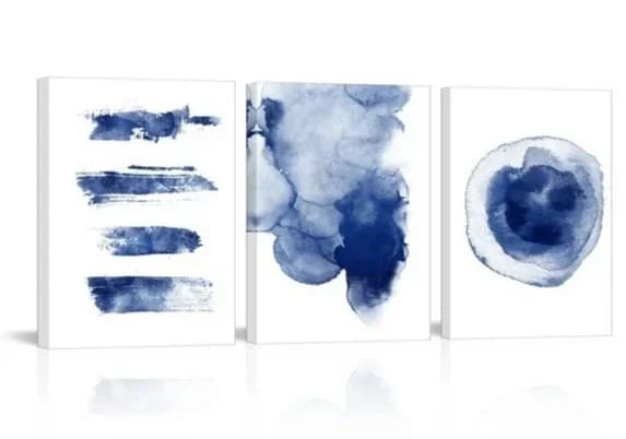 3PCS Framed Navy Blue Watercolor Canvas Wall Art, Abstract Ink Wash Prints for Living Room