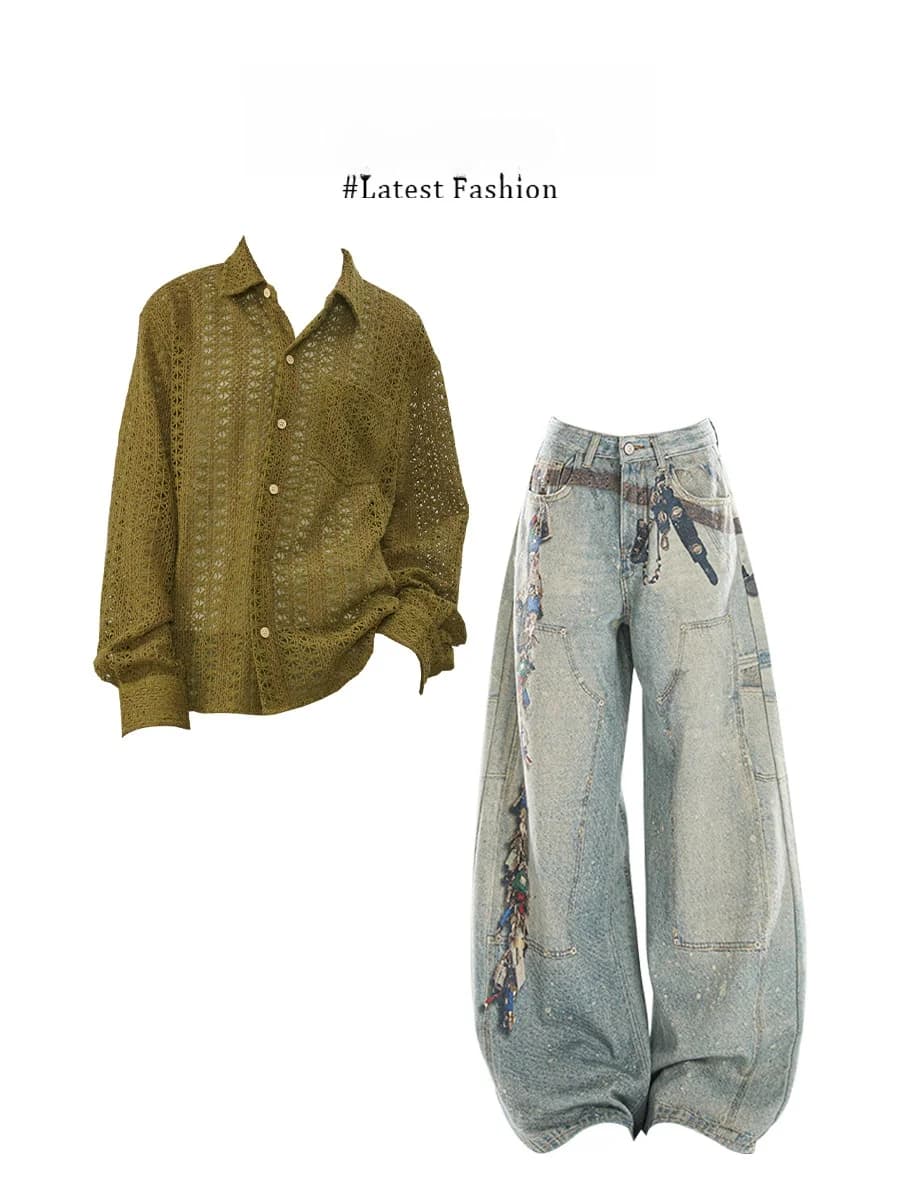 Parkyeon Korean Style Early Autumn Women's Shirt Jeans Set Hollow Design Casual Fashion Two-Piece Suit Long Sleeve Top