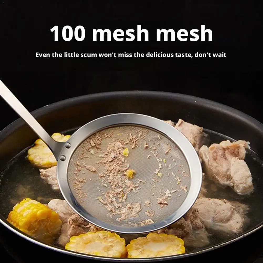 Cucchiaio per schiumarola per grasso Cucchiaio per schiumarola a maglia fine in acciaio per rimuovere grasso e schiuma da cucina Filtro per olio alimentare fritto