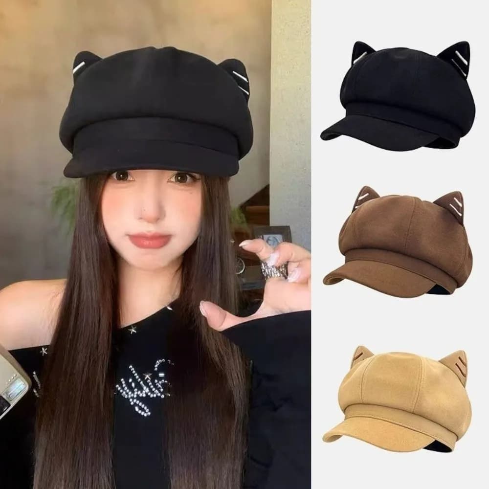 Cappello Newsboy Tinta Unita con Orecchie da Gatto, Berretto in Lana Stile Y2K Britannico, Cappello Ottagonale Regolabile Stile Giapponese, Berretto da Artista