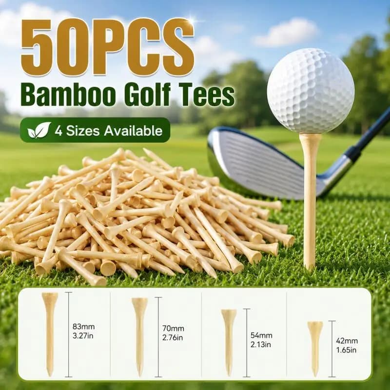 50PCS Bamboo Golf Tees, Natural Wooden Golf Tees with 4 Sizes for Practice & Course Use