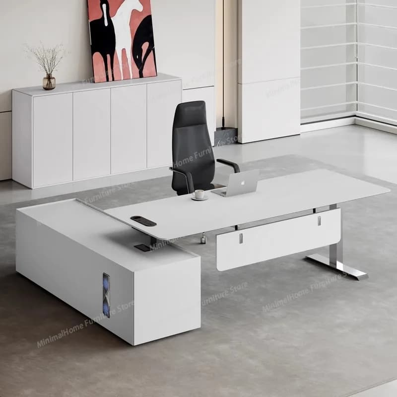Scrivania Direzionale Bianca con Supporto per le Gambe, Cassetti, Design Moderno, Grande Lusso, Scrivania da Ufficio Economica in Legno, Mobili per Ufficio