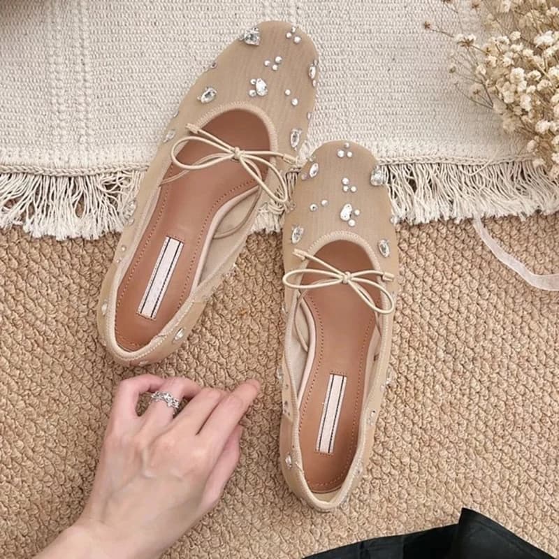 Eleganti Scarpe Estive da Donna con Strass Scintillanti, Fiocco in Rete, Tacco Basso e Punta Quadrata, Ballerine per Matrimoni e Feste