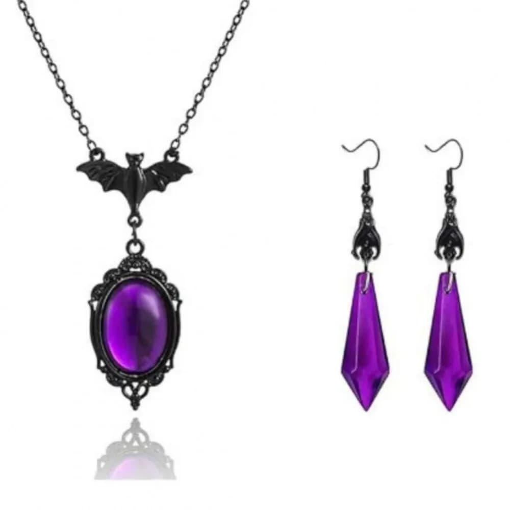 Gothic bat pendant necklace earrings set, European and American dark purple crystal jewelry women's models