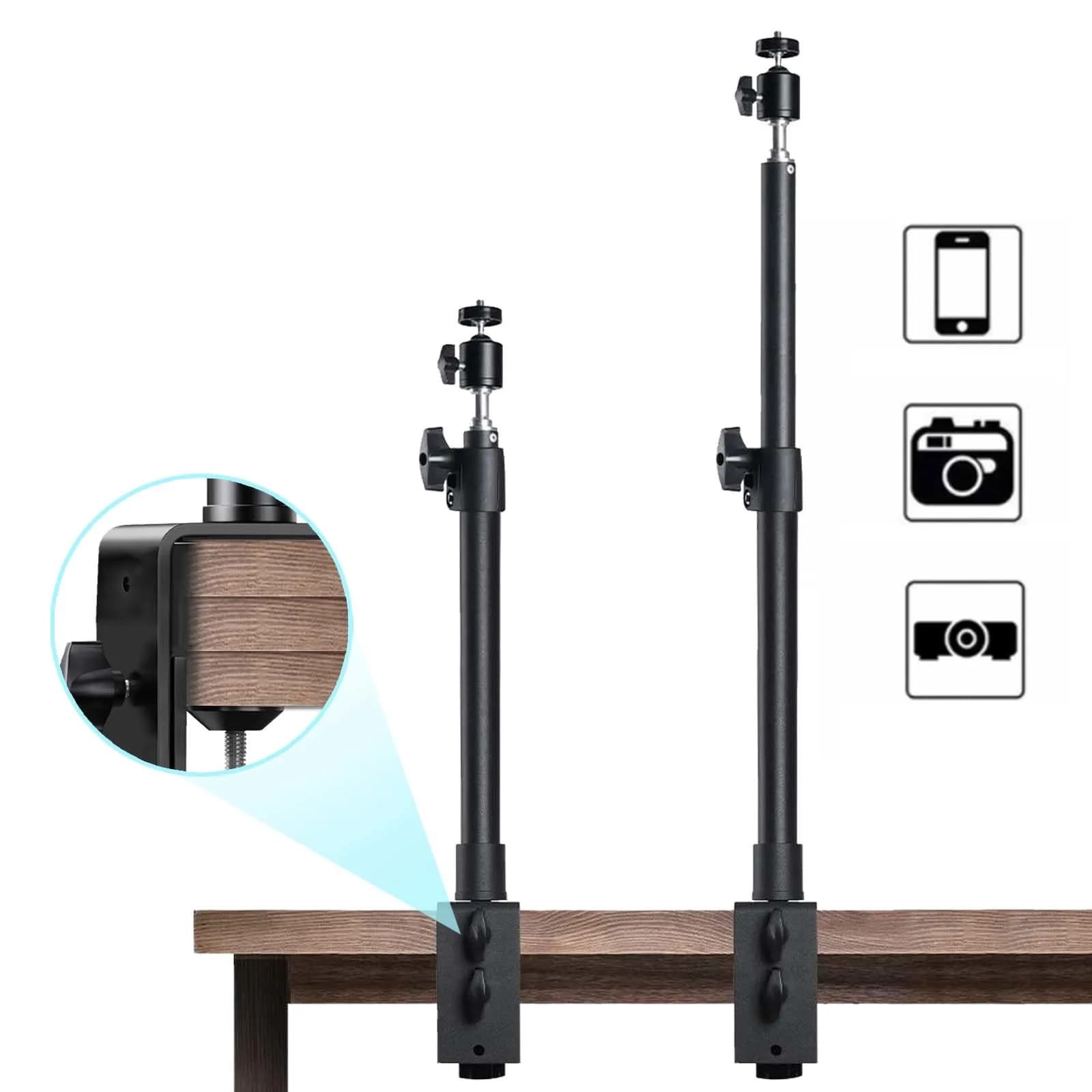 Supporto da scrivania Supporto per fotocamera DSLR Morsetto a C Supporto per luce Supporto per luce fotografica con testa a sfera per telefono Video Anello luminoso Zoom