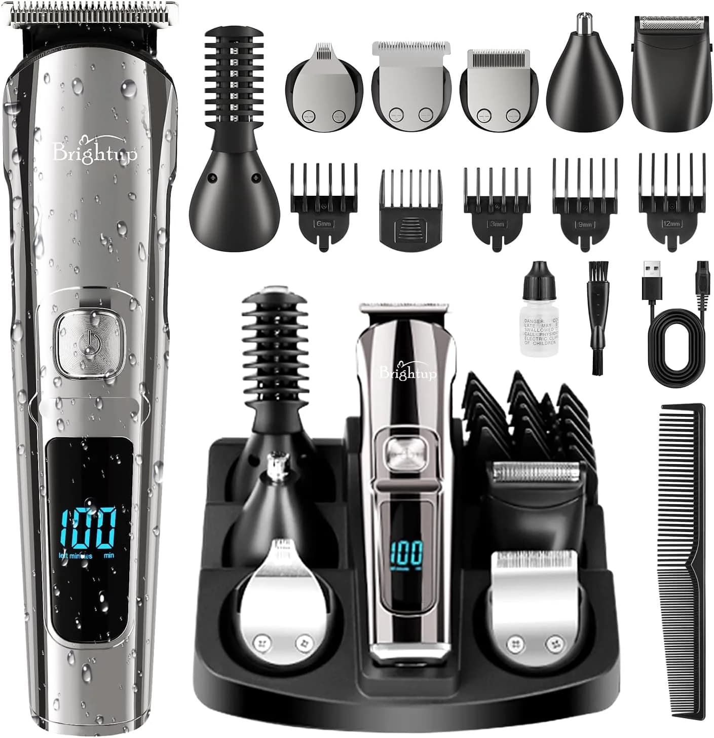 Kit regolabarba senza fili da uomo - Rasoio elettrico impermeabile con 6 accessori per la cura di tutto il corpo