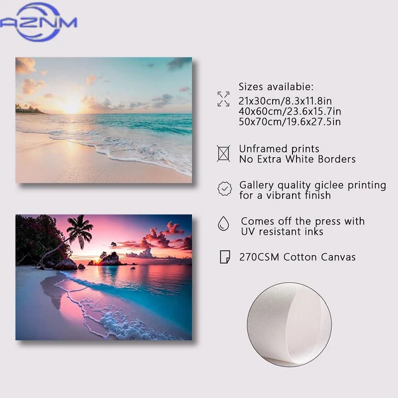 AZNM Sunset Hawaii Beach Posters Gold Sea Landscape Canvas Paintings Tropical Palm Tree Wall Art Pictures Living Room Home Decor