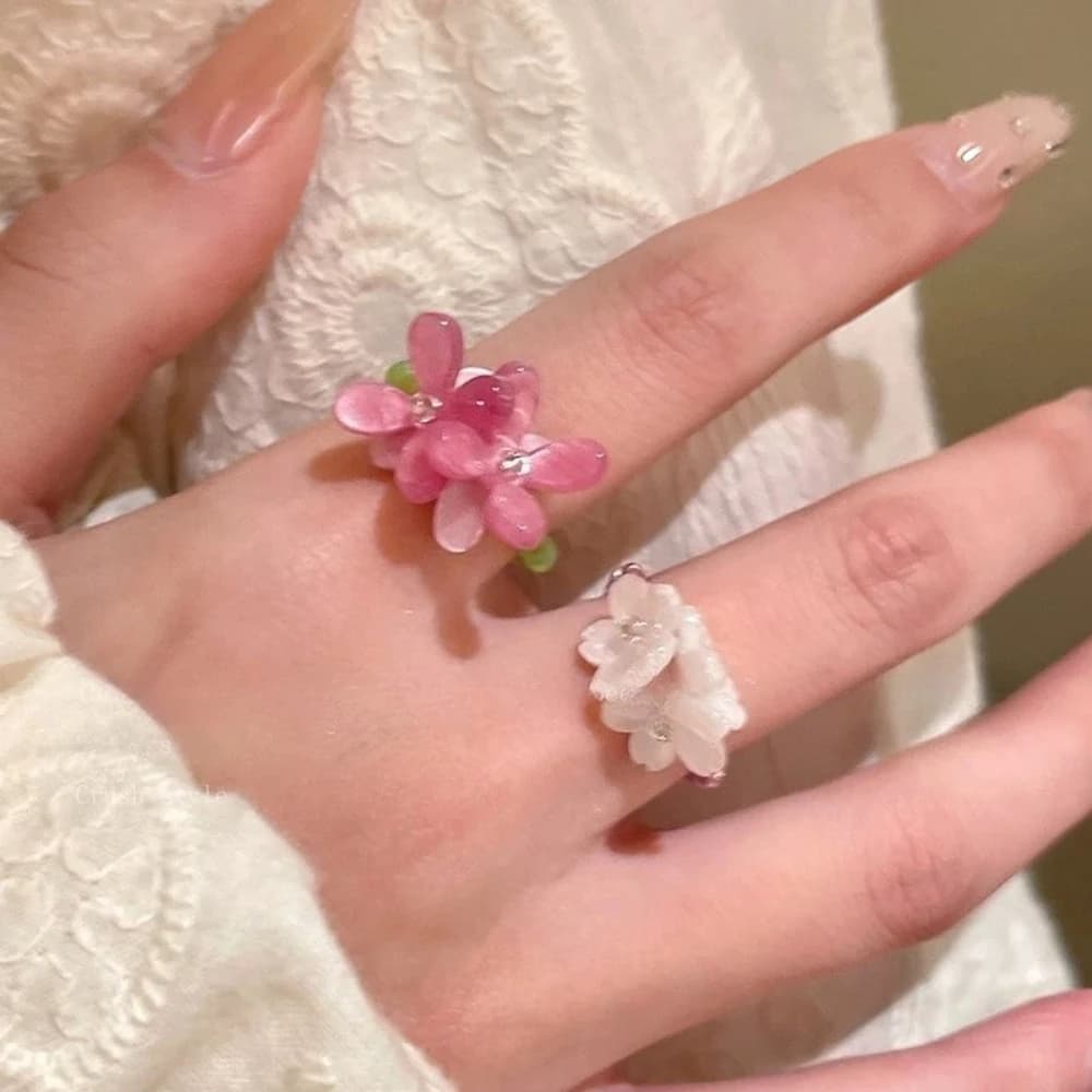 New Romantic Cute Violet Flower Ring Spring Summer Elastic Beaded Rings for Women Friends Korea Finger Jewelry Accessories Gift
