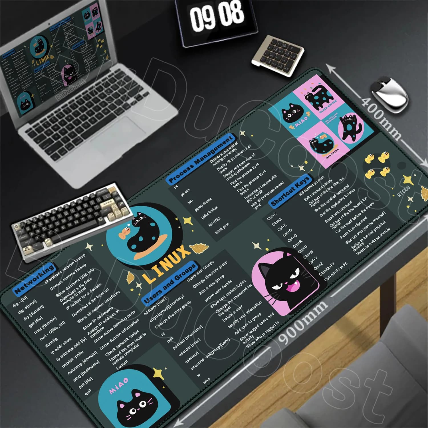 Tappetino da scrivania grande per PC gaming e ufficio, con scorciatoie LINUX, adatto per l'ufficio, protezione desktop, accessori per computer, HD, antiscivolo