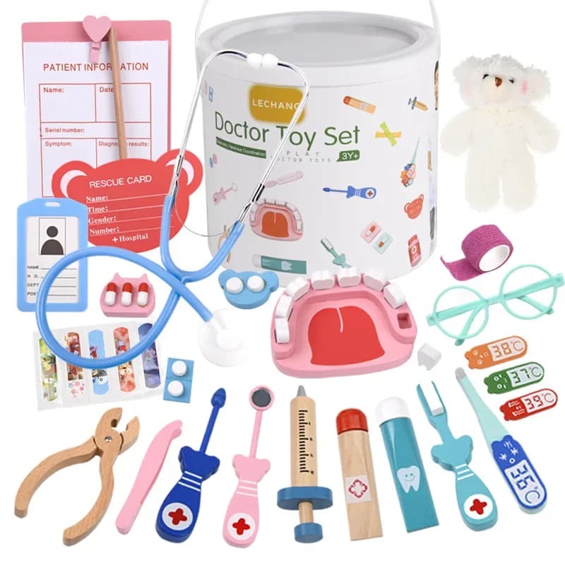 Wooden Pretend Play Doctor Set Educational Toys For Kids Simulation Medicine Chest Kit Dentist Nurse Games Medical Toys For Girl