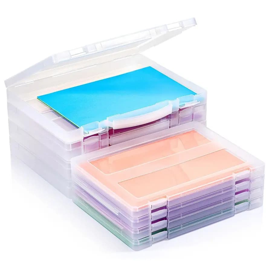 Pack of 8 boxes plastic holders A4, containers for scrapbooking for paper sheets letter size from 8,5 x 11 inches, portable document holder, for table games and art.