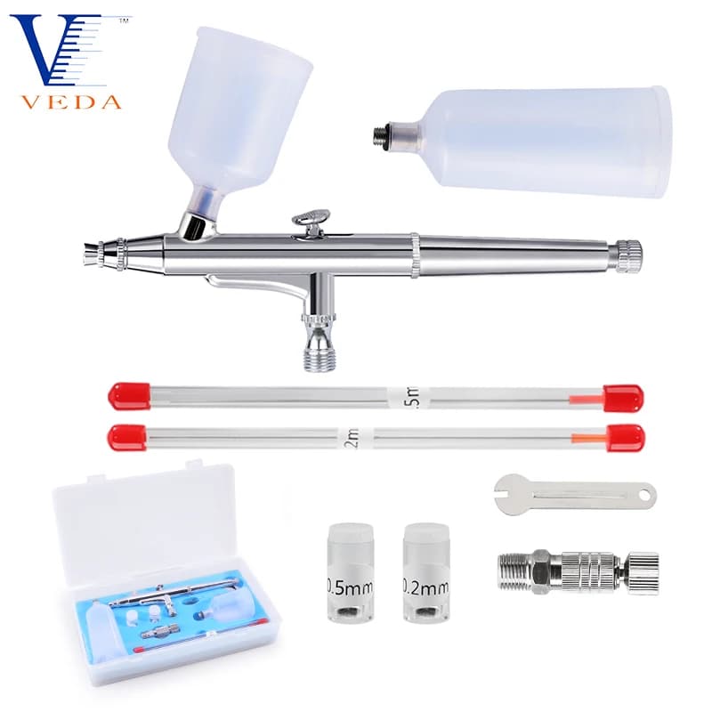 VEDA 0.2/0.3/0.5mm Set di aerografi a doppia azione con 2 tazze Pistola a spruzzo Modello Kit di spazzole ad aria per trucco Strumento per unghie Tattoo Art
