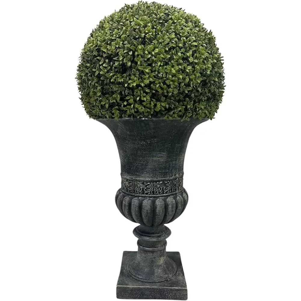 32" ball top in pot with grey pedestal, artificial fake plant for interior and exterior