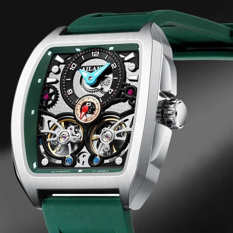 Orologio Meccanico Sportivo da Uomo Ailang con Doppio Tourbillon, Quadrante Scheletrato, Luminoso, Impermeabile, Cinturino in Silicone, Automatico