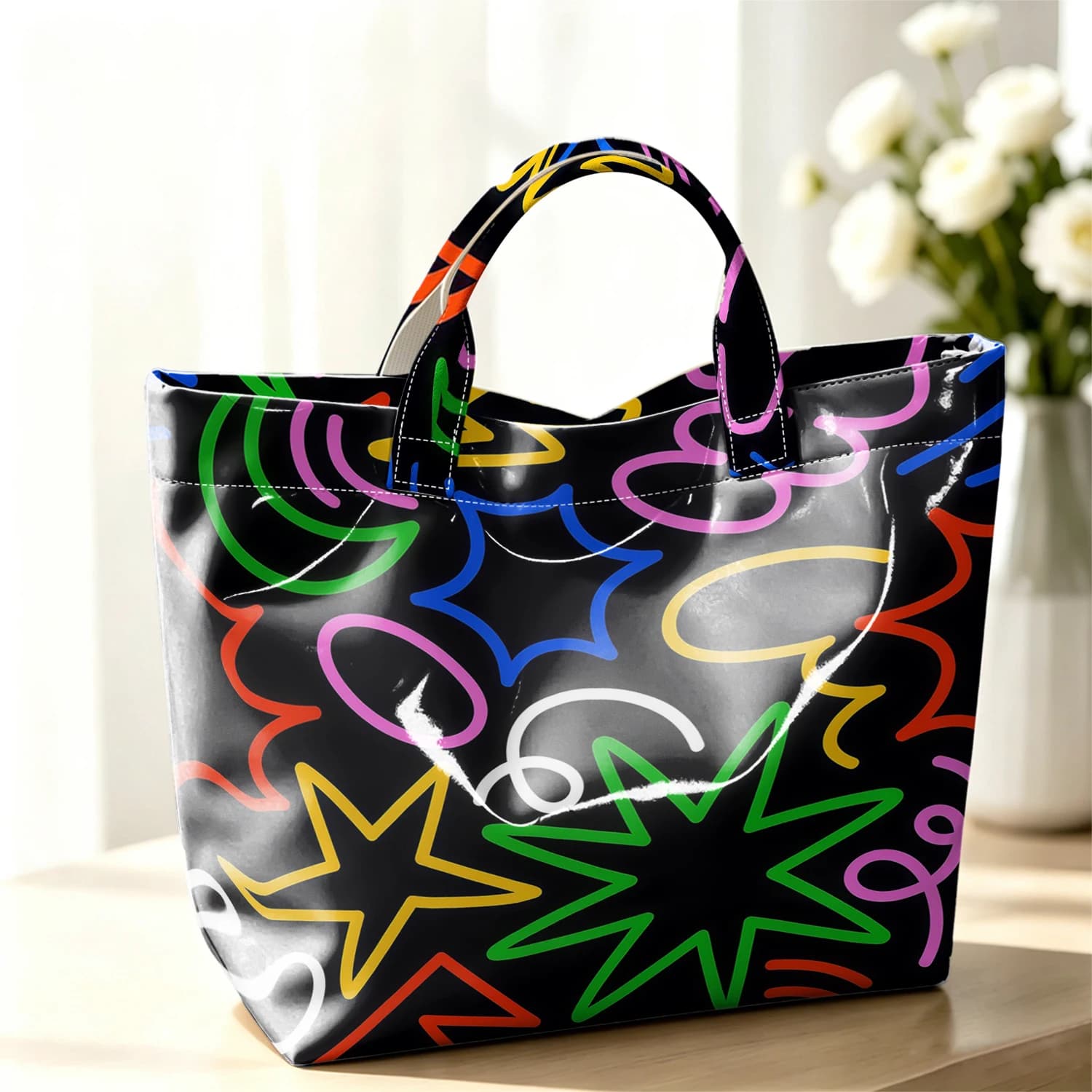 Neon Doodle Line Cute Large Glossy PVC Tote Bag Hand Washable Lightweight Soft Great for Travel Commute Makeup Storage Handbags