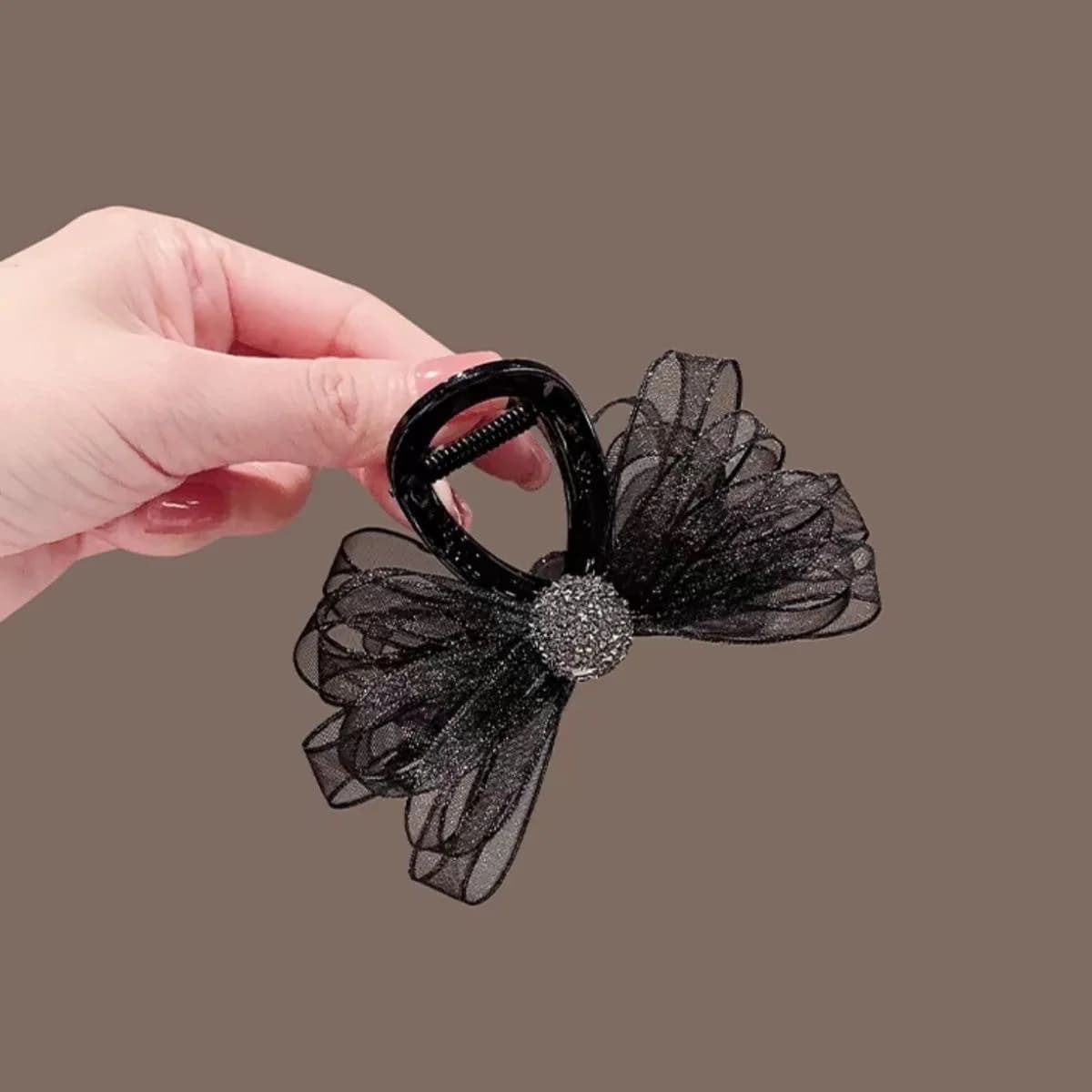 Mini clip di lusso con fiocco nero e squalo – Pochette per capelli in cristallo per chignon a basso volume dietro la testa, elegante accessorio per capelli da donna