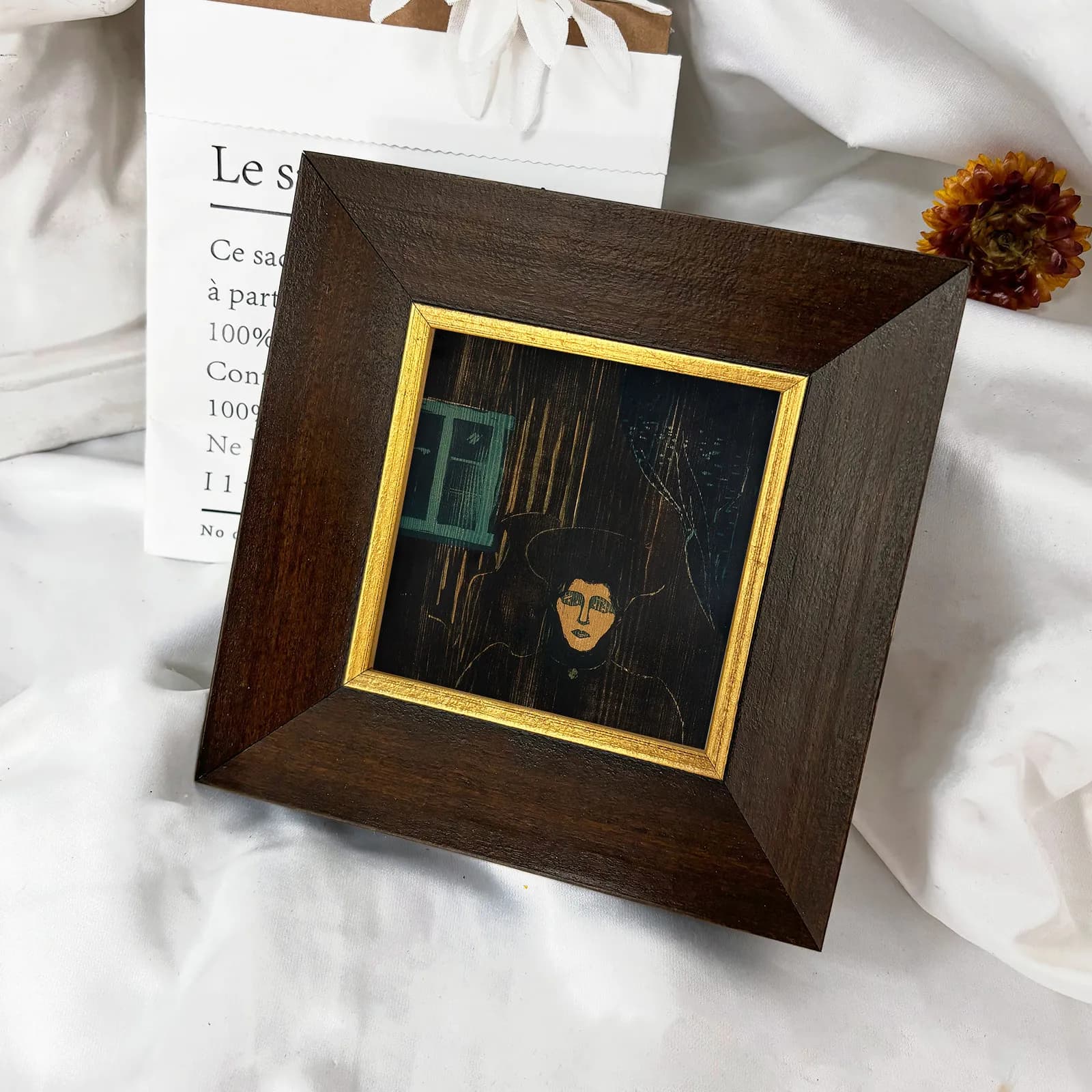 Cornice per foto in legno marrone scuro antico da 4 cm con bordo interno dorato, cornice a bisello largo per stampe, arte paesaggistica e rustica