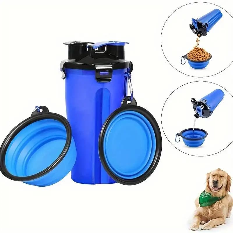 Bottiglia d'acqua per animali domestici 2 in 1 con contenitore per alimenti Bottiglia d'acqua per cani portatile a prova di perdite 2 ciotole pieghevoli per viaggi D0018A