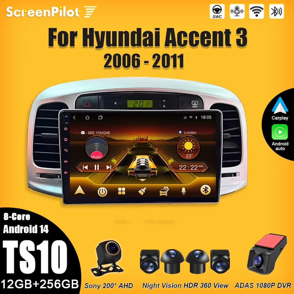 Android 14 Per Hyundai Accent 3 2006 - 2011 Autoradio 2 din Navigazione GPS Wireless Android Auto 8 Core Wifi Touch Screen RDS