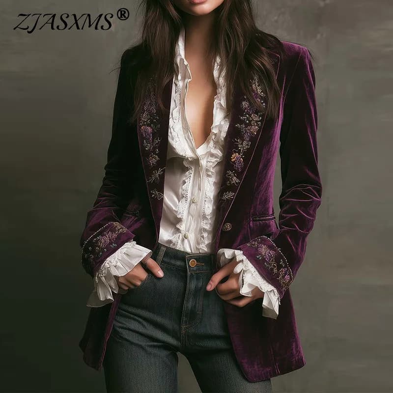 New Women Winter Coats and Jackets Vintage Floral Print Lapel Neck Velvet Outerwears Long Sleeve Autumn Cardigan Female Clothing