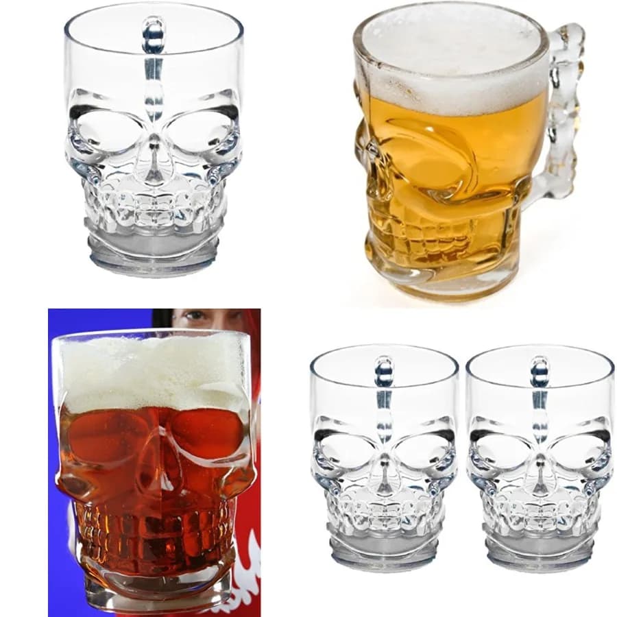 Bicchieri da Birra a Forma di Teschio con Manico, Set di 2, Bicchieri Divertenti con Base Pesante per Acqua, Succo e Halloween