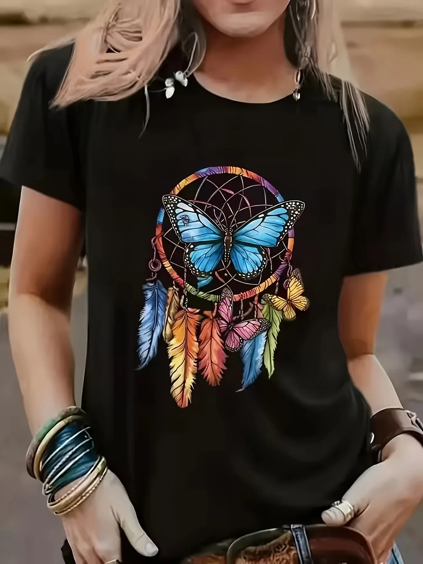 Summer New Trendy and Colorful Dream Catcher Butterfly Print T-shirt Artistic and Personalized Daily Casual Top