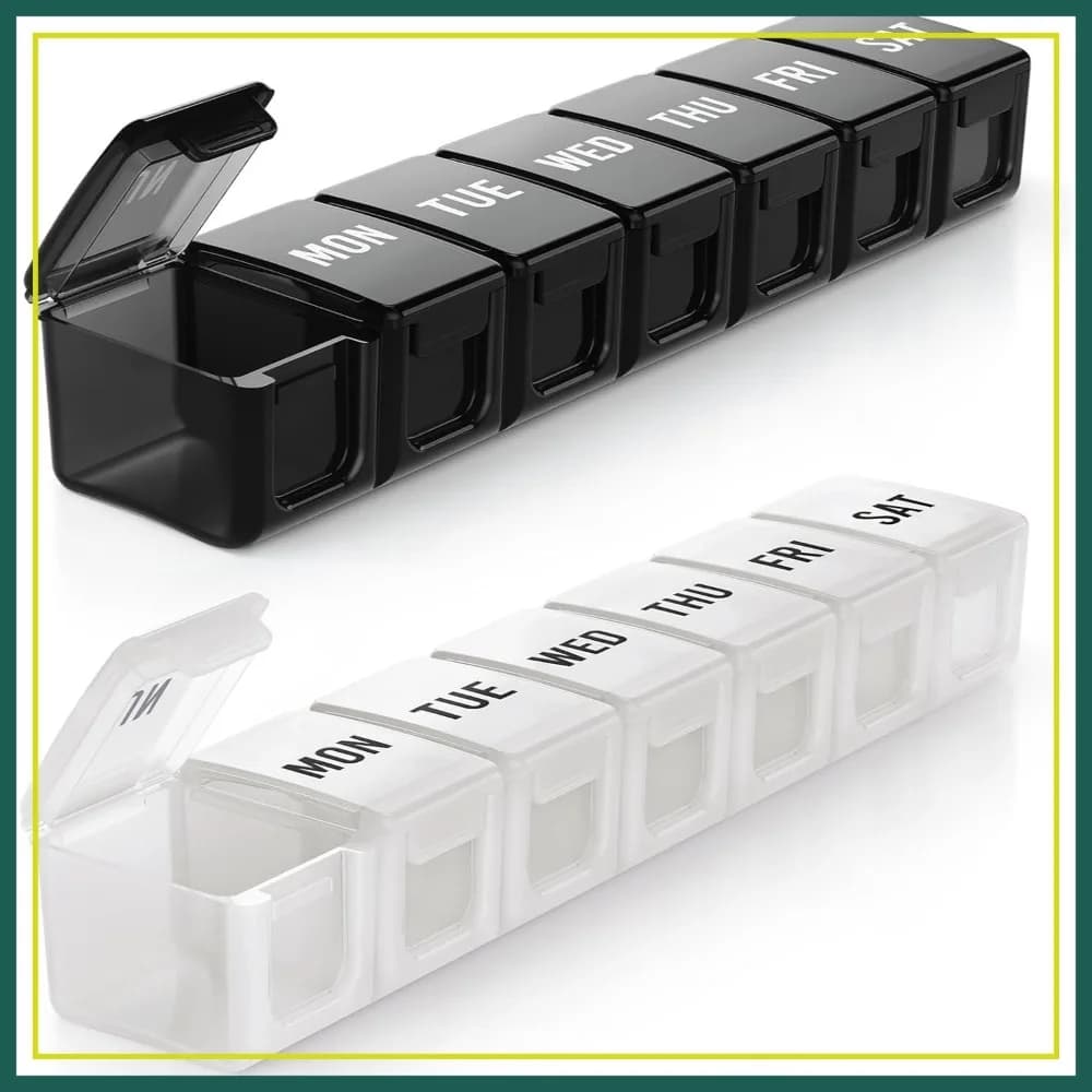 Organizzatore Settimanale per Pillole Grande, Confezione da 2, Portapillole da Viaggio per 7 Giorni per Vitamine, Integratori, Medicinali, Nero+Bianco