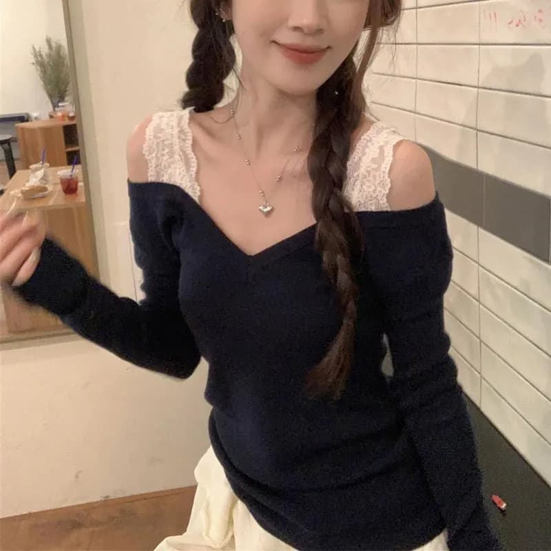 Hotsweet T-shirt slim con spalle scoperte Abbigliamento donna Moda pizzo con coulisse Primavera Autunno Tinta unita Casual Pullover con scollo a V