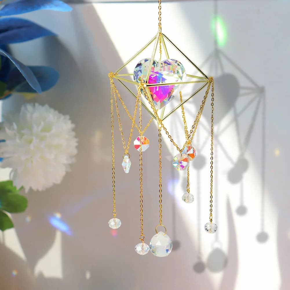 Ornamento Metallico Sospeso a Forma di Sfera Solare con Cristallo, Acchiappasole a Cuore, Accessori per Illuminazione, Pendente per Tende, Casa e Giardino