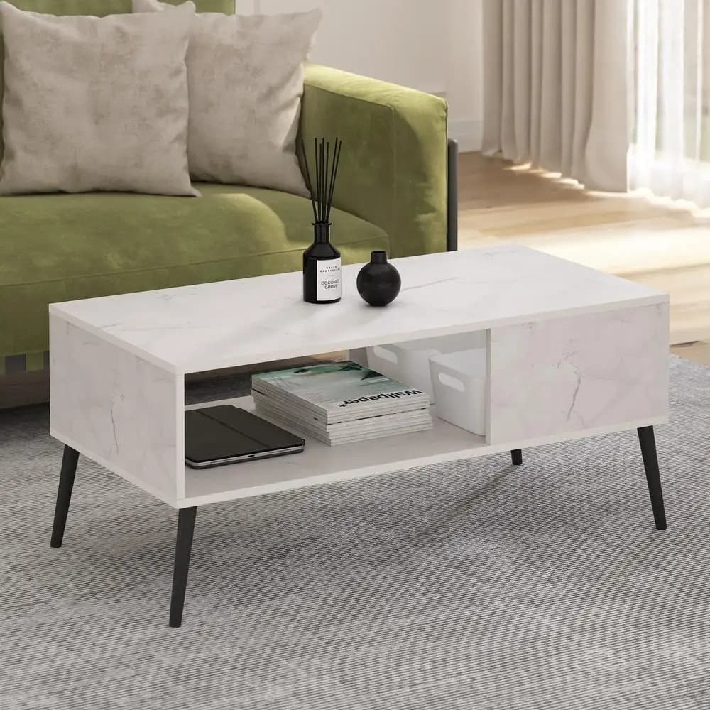 Mid Century Modern Coffee Table Featuring Wooden Legs and White Marble Top
