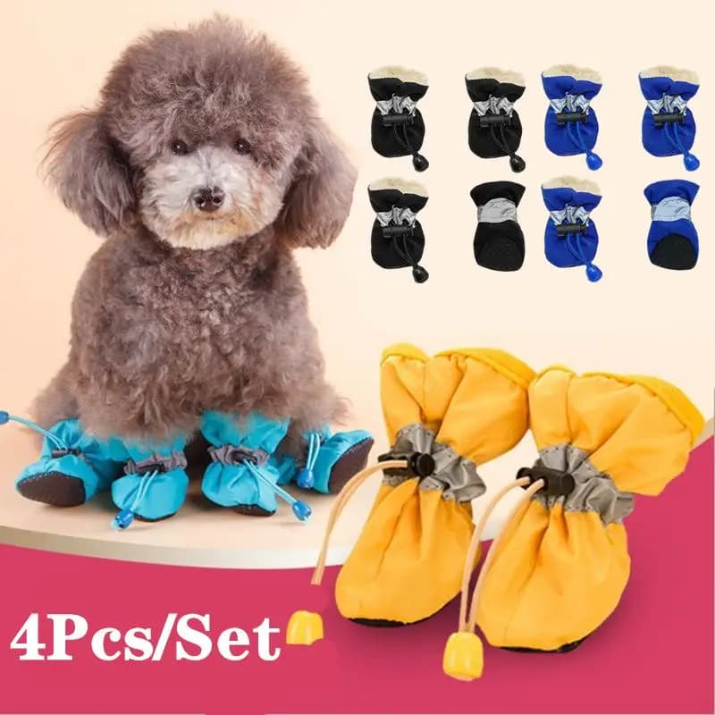 Set di 4 Scarpe Impermeabili Invernali per Cani, Stivali Antiscivolo per Pioggia e Neve, Calzature Spesse e Calde per Gatti Piccoli, Cuccioli e Cani, Calzini e Stivaletti
