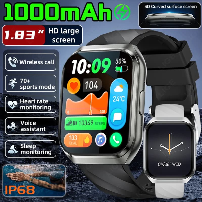 LIGE NUOVO Smartwatch da Uomo con Batteria ad Alta Capacità 1000mAh, Risposta alle Chiamate, Assistente Vocale, Display HD da 1,83", Orologio Sportivo per Esterni