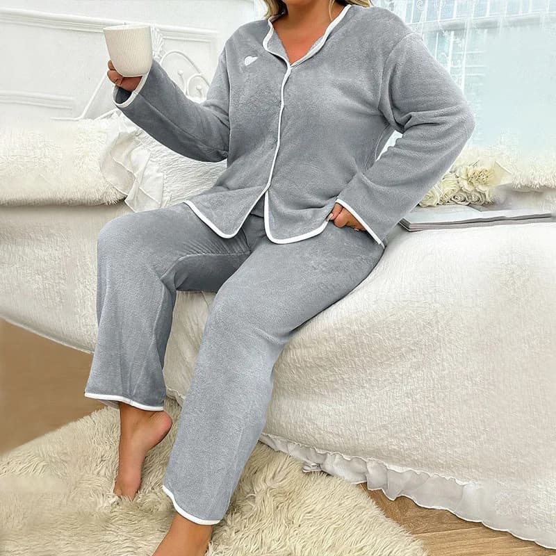 Cardigan pajamas in flannel brushed autunnale Delicate heart print Collar tip Pigiama women casual clothing for home 2 pieces