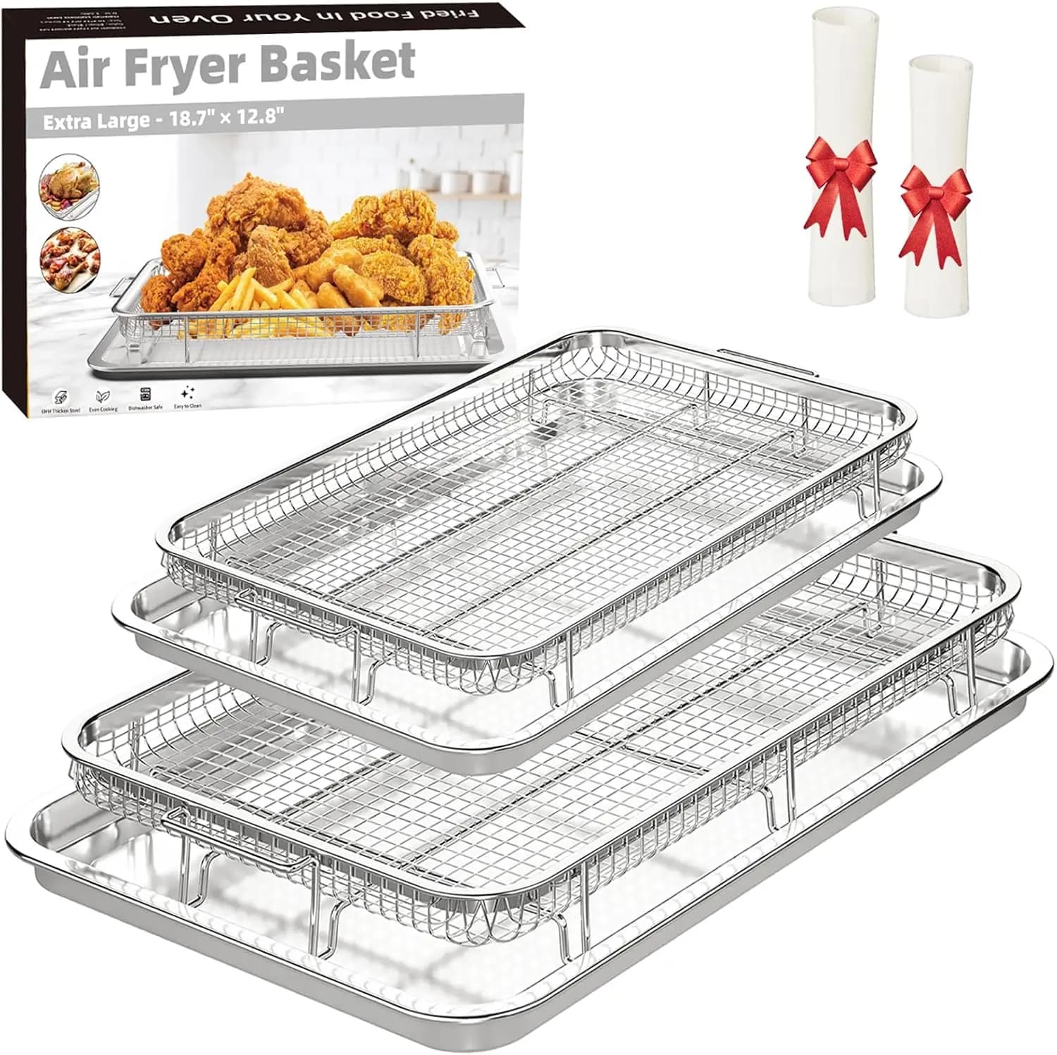 Set di 2 Cestelli per Friggitrice ad Aria e Vassoio per Croccanti con 60 Fogli di Carta Forno, Acciaio Inossidabile Spesso Antiaderente, 47,7x32,5 cm e 37,7x27,9 cm
