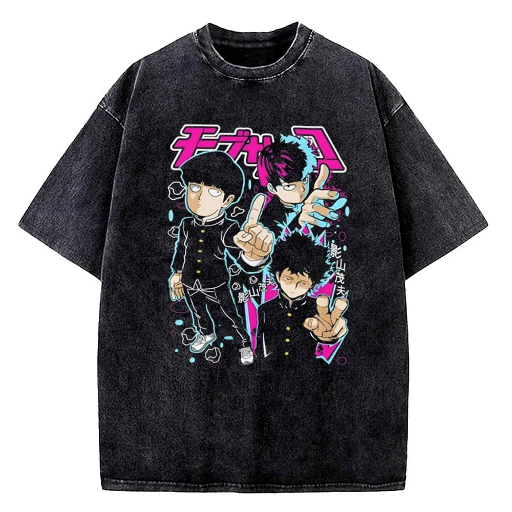 Mob Psycho 100 cotton Vintage Washed tshirt men Grunge anime korean clothes streetwear Pop Culture tshirt women 2000s Vintage