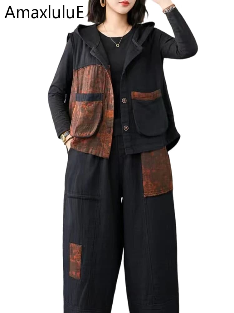 Amax LuluE Donna Denim con cappuccio 2 pezzi Set Gilet di moda Abiti Punk Cappotti senza maniche Pantaloni larghi Jeans classici Abiti stampati